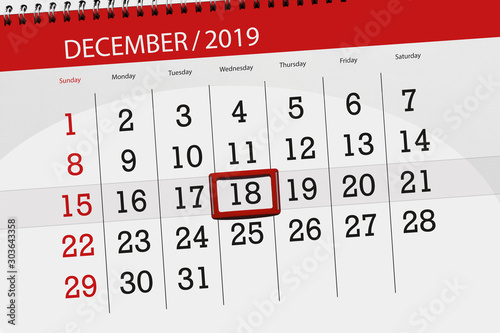 Calendar planner for the month december 2019, deadline day, 18, wednesday photo