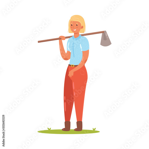  ute farmer stands with a hoe on her shoulder. Vector illustration in flat cartoon style.