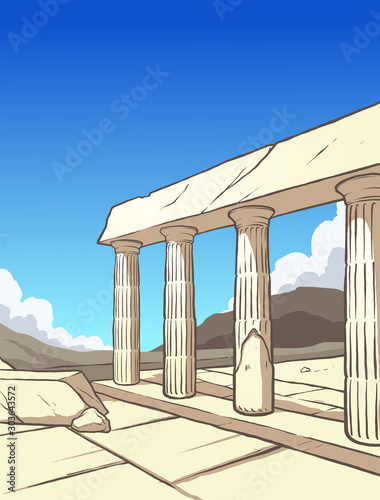Greek ruins during day time background. Vector illustration with simple gradients. Some elements on separate layers. 