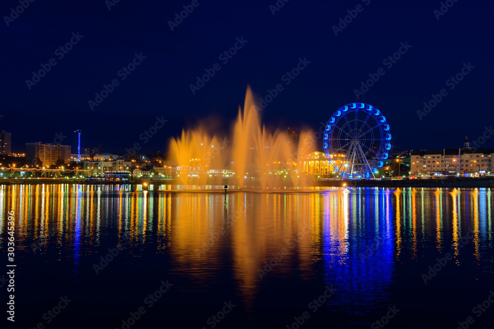 May 4, 2019: Fountain in the Cheboksary Bay at night. Cheboksary. Russia.