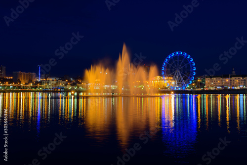 May 4, 2019: Fountain in the Cheboksary Bay at night. Cheboksary. Russia.