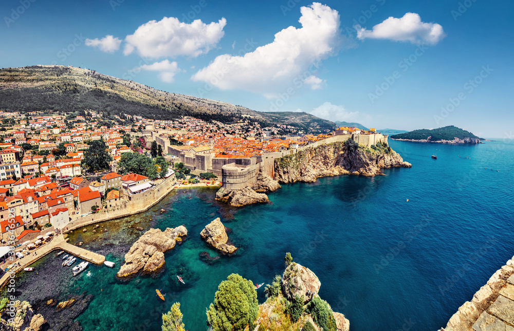Splendid morning view of famous Fort Bokar in city of Dubrovnik. Sunny summer seascape of Adriatic sea, Croatia, Europe. Beautiful world of Mediterranean countries. Traveling concept background.