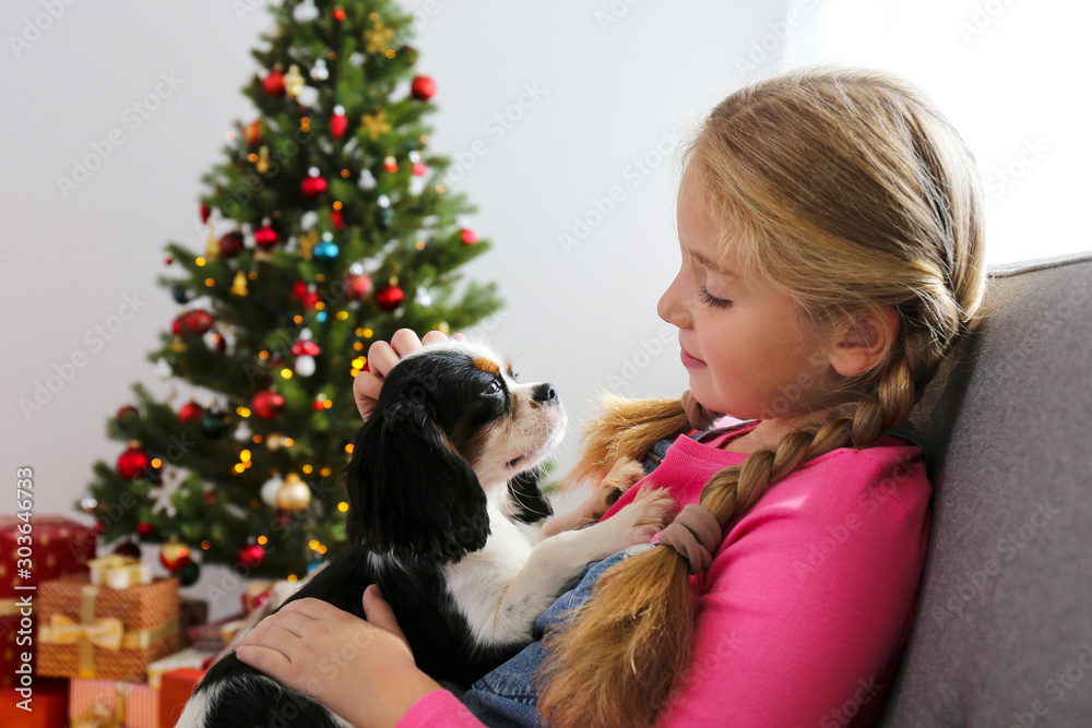 Φωτογραφία Little girl with Cavalier King Charles Spaniel sitting in front of Christmas tree, bunch of presents in festive wrapping
