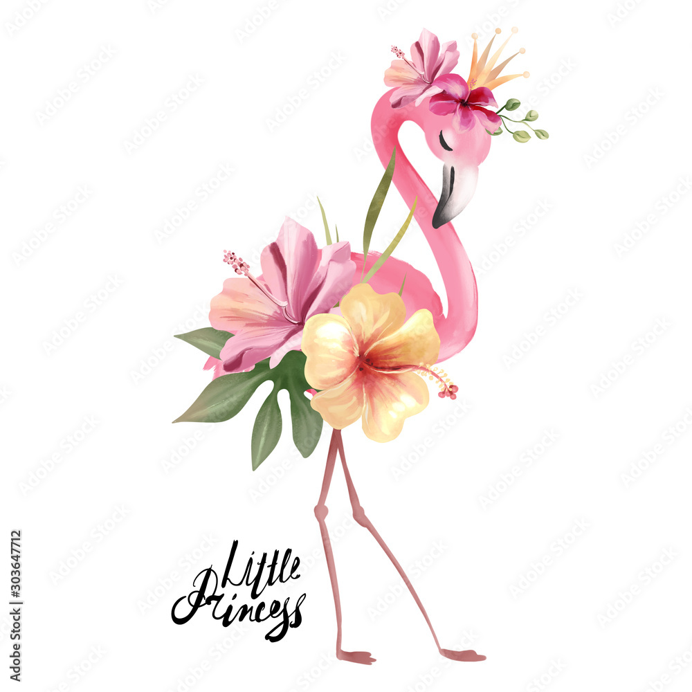 Φωτογραφία Cute flamingo princess with gold crown and tropical flowers, floral bouquet