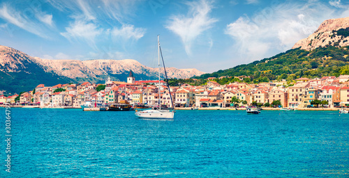 Amazing morning cityscape of Bashka town. Colorful summer seascape of Adriatic sea, Krk island, Kvarner bay archipelago, Croatia, Europe. Beautiful world of Mediterranean countries.