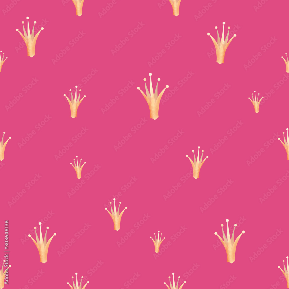 Cute seamless pattern, tile with gold crowns on bright pink background Cute seamless pattern, tile with gold crowns on bright pink background