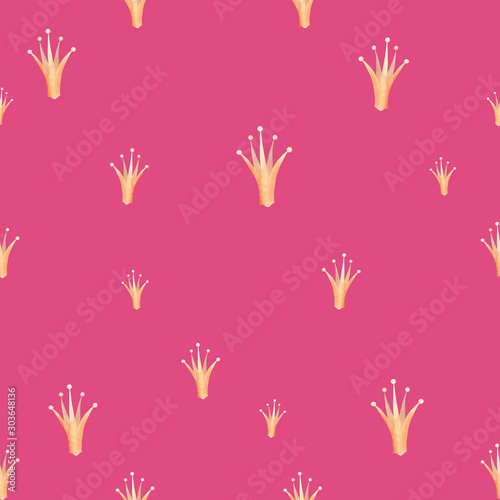 Cute seamless pattern, tile with gold crowns on bright pink background