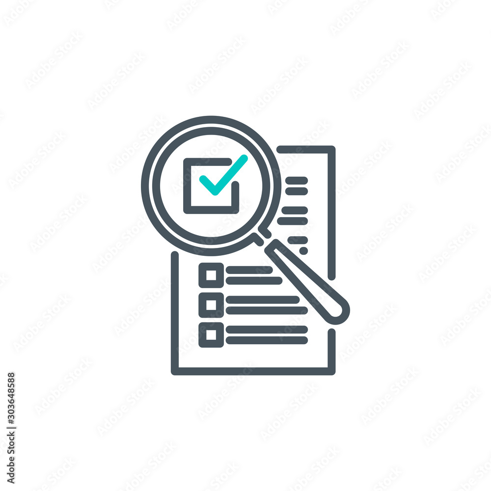 check box list page with magnifier glass outline flat icon. Single quality outline logo search symbol for web design mobile app. Thin line design logo sign Loupe lens icon isolated on white background check box list page with magnifier glass outline flat icon. Single quality outline logo search symbol for web design mobile app. Thin line design logo sign Loupe lens icon isolated on white background