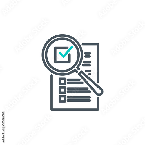 check box list page with magnifier glass outline flat icon. Single quality outline logo search symbol for web design mobile app. Thin line design logo sign Loupe lens icon isolated on white background