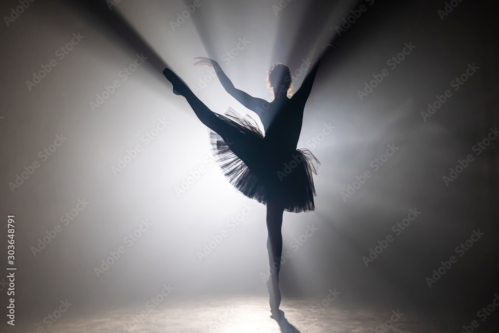 Foto Stock Professional ballerina dancing ballet in spotlights smoke on big  stage. Beautiful young girl wearing black tutu dress on floodlights  background. Black and white. | Adobe Stock