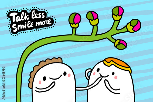 Tell less smile more hand drawn vector illustration in cartoon comic style two men talking