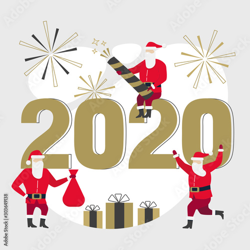 Merry Christmas and Happy new year Greeting Card with funny Santa Claus and big letters 2020. Vector illustration concept for greeting card, website and mobile website banner, party invitation card.
