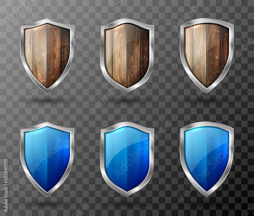 Wooden shield metal frame realistic vector illustration. Blank brown wooden, blue glass panel with reflection glow, award trophy or certificate template, front view isolated on transparent background