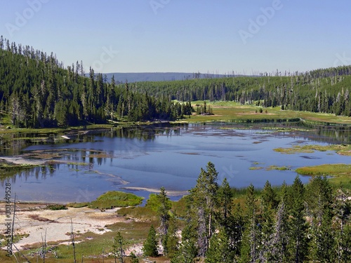 Breathtaking view of Nymph Lake along the road north of Norris Geyser Basin at Yellowstone National Park.