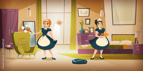 Bedroom interior with cleaning maids, home cleaning or hotel room service cartoon vector illustration. Interior with women in black dresses and white aprons with dusk whisk in hand and vacuum robot