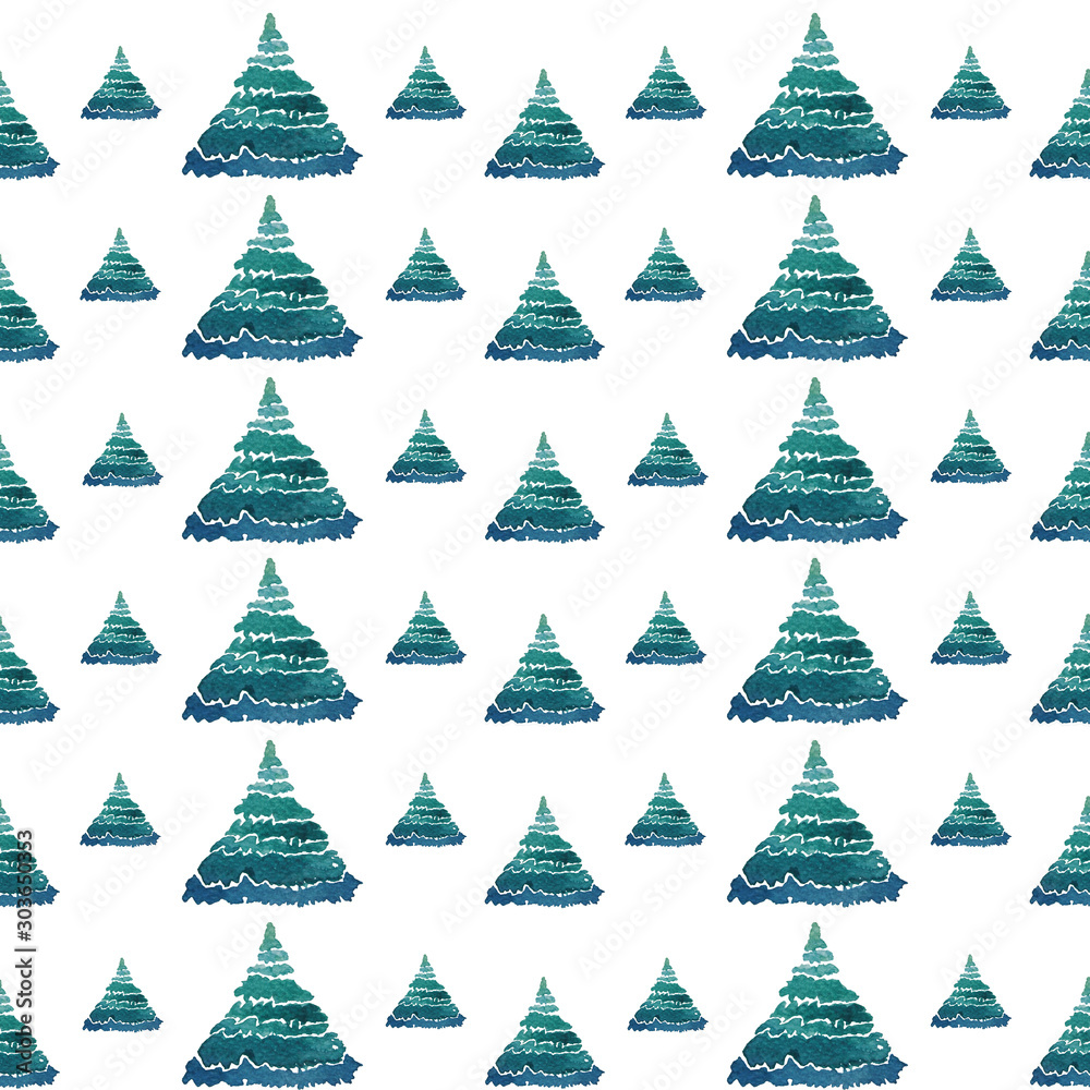 Obraz premium Christmas tree water color painting in seamless pattern using blue tone