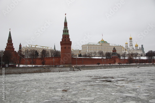 Moscow, Russia"; January 2017: Ice on the Moscow river in the Kremblin