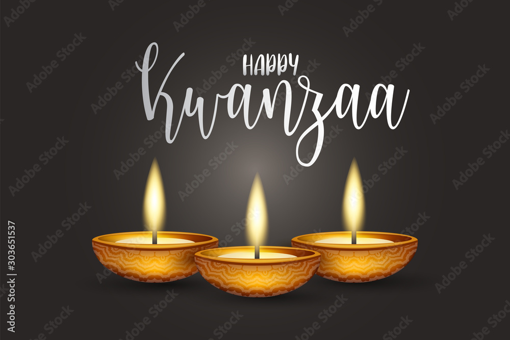 Happy Kwanzaa background design. Traditional holiday concept. Glowing candles, black backdrop, and lettering. Vector illustration. Happy Kwanzaa background design. Traditional holiday concept. Glowing candles, black backdrop, and lettering. Vector illustration.
