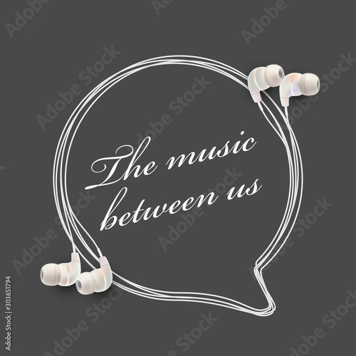 Innovative music quotation template in headphones quotes isolated on backdrop. Creative banner illustration with quote in a frame wire with Black quotes. 