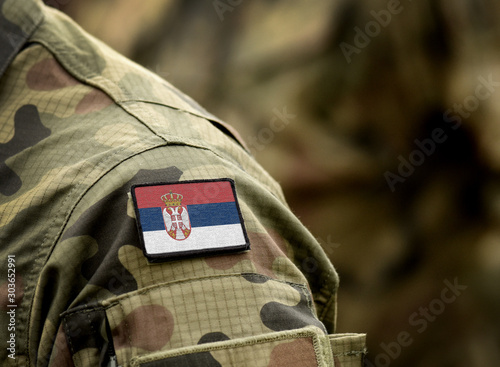 Flag of Serbia on military uniform. Army, armed forces, soldiers. Collage.
