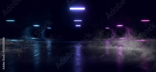 Dark Neon Glowing Purple Blue Laser Led Smoke Fog Steam Mist Oval Tunnel Corridor Garage Hallway Underground Cyber Virtual Empty Sci Fi Futuristic 3D Rendering
