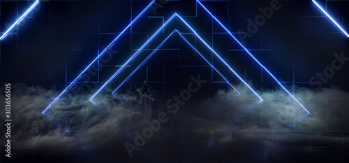 Smoke Fog Mist Neon Glowing Vibrant Triangle Virtual Blue Laser Beam Room Garage Underground Stage Show Club Dark Night Sci Fi Futuristic Background 3D Rendering
