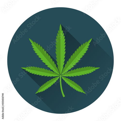 Cannabis. Marijuana leaf drug flat design icon with a long shadow. EPS10 vector