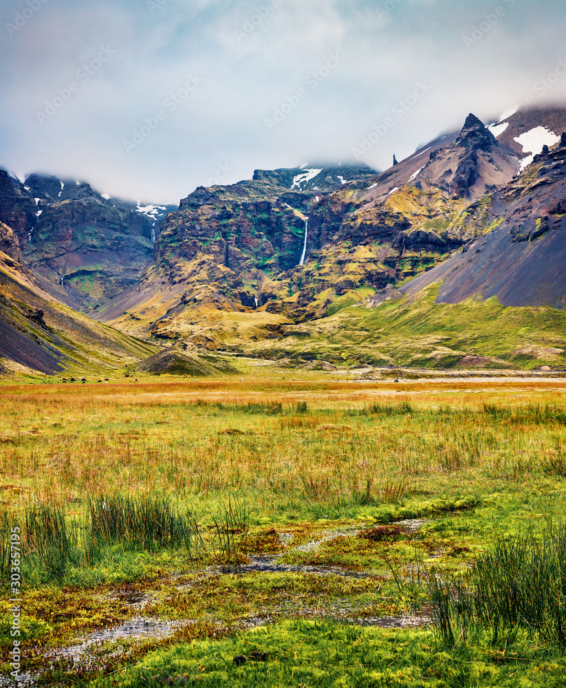 Colorful morning view of the typical Icelandic landscape. Gloomy summer scene of Iceland, Europe. Beauty of nature concept background.