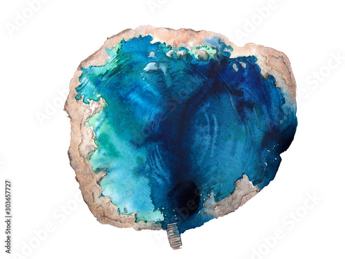 Natural turquoise blue lake top view for landscape design planning watercolor painting