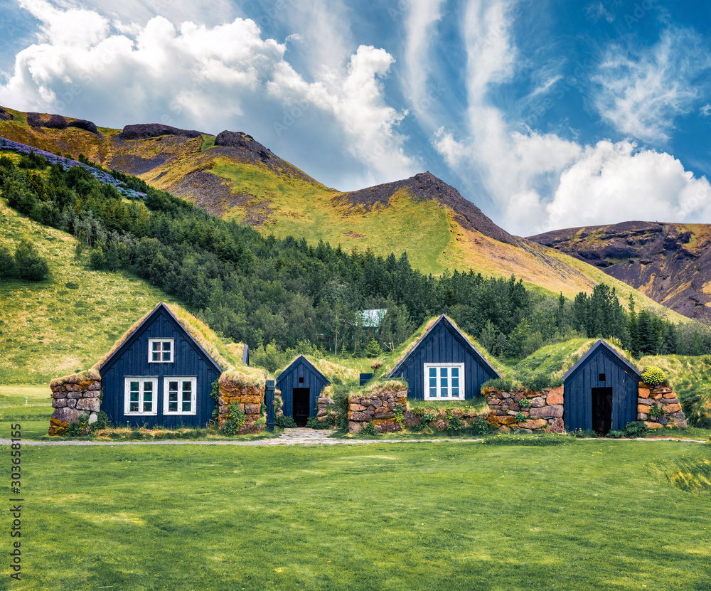 Great summer view of typical Icelandic turf-top houses. Colorful summer morning in the Skogar village, south Iceland, Europe. Traveling concept background..