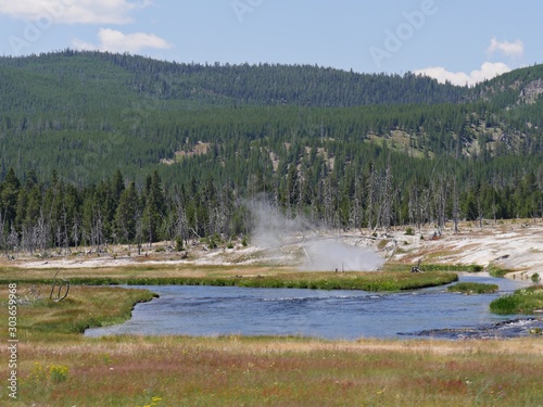 Fototapeta Naklejka Na Ścianę i Meble -  Wide scenic view of the Upper Geyser Basin view with steam rising from geysers at Yellowstone National Park, Wyoming.
