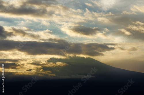 Popocatepetl active volcano, blue sky erupting