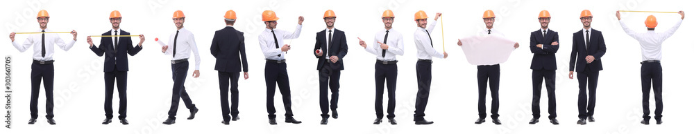panoramic photo collage of confident architect isolated on white panoramic photo collage of confident architect isolated on white