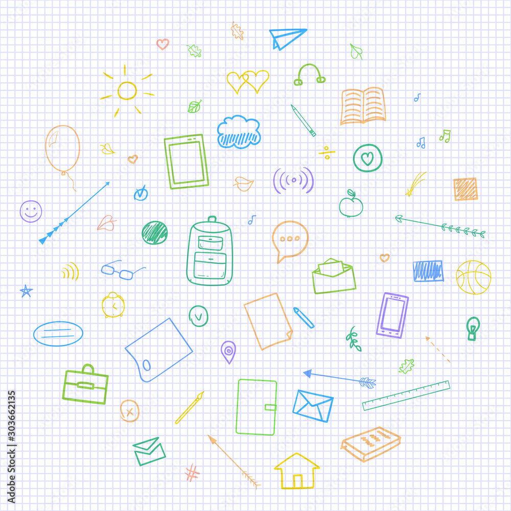Back to school. Abstract pattern with school supplies. Paper background. Checkered texture Back to school. Abstract pattern with school supplies. Paper background. Checkered texture