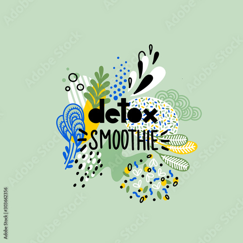Vector Hand drawn Detox Smoothie lettering logo design for Vegan Cafe.