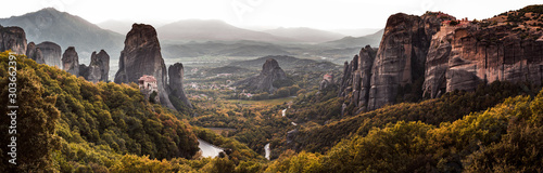 panoramic view of the Monastries of Meteora, in Greece