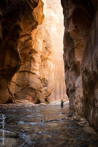 A woman hiking in a river in a canyon