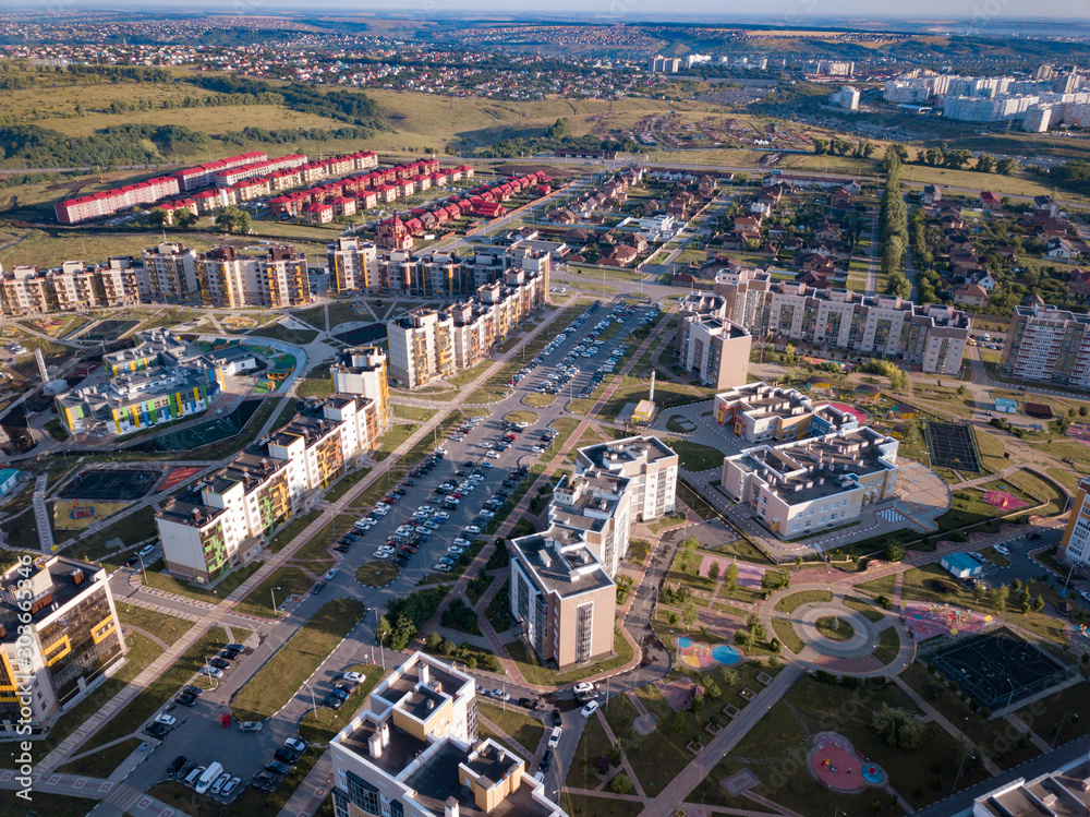 City downtown building in sunny morning, aerial view