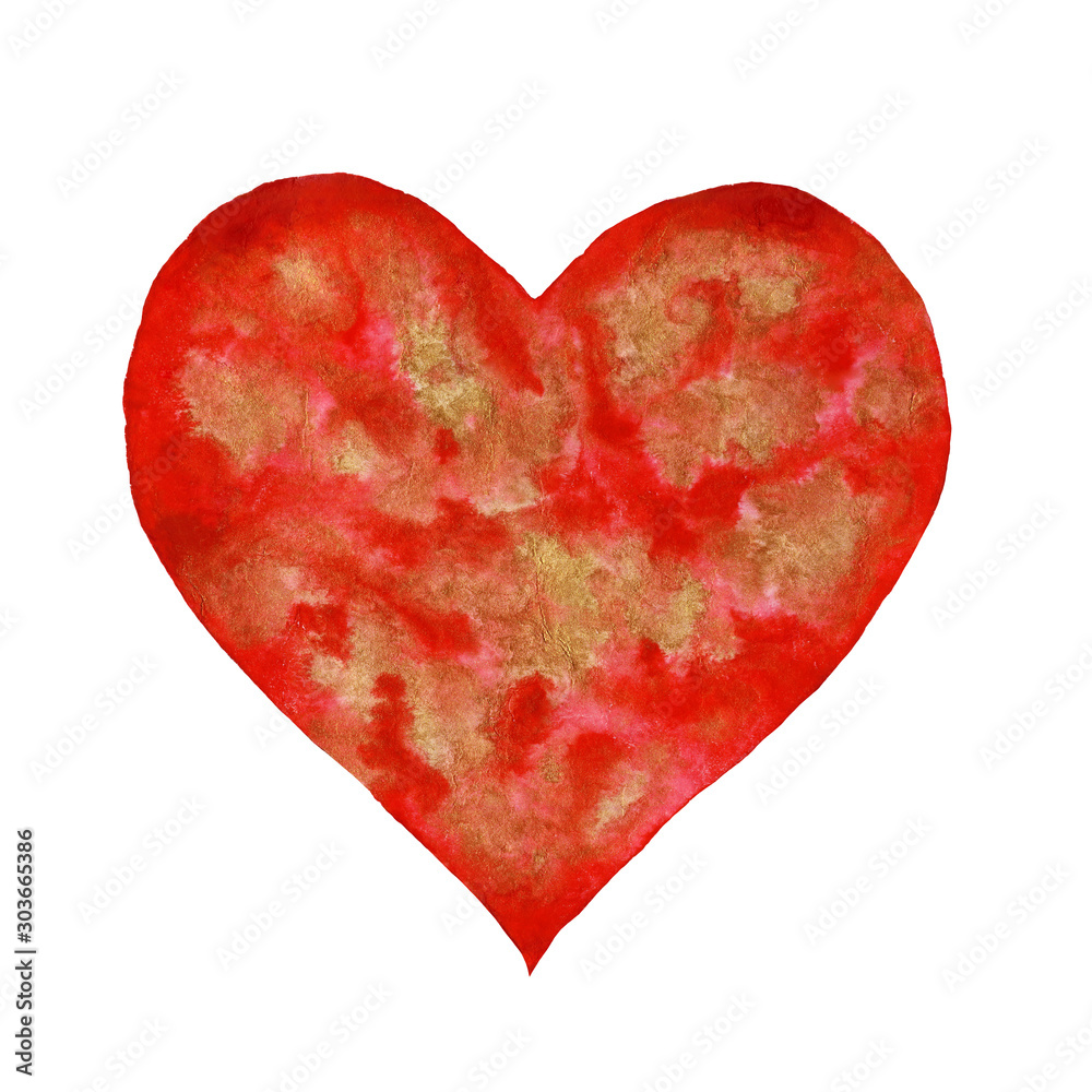 Heart shape hand drawn illustration. Bright and gold textured watercolor heart on the white background isolated