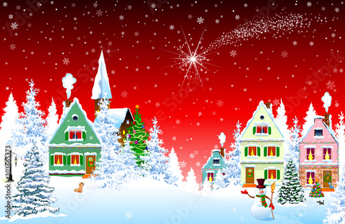 Christmas star in the sky over houses on red. Houses, village, church, forest, trees. Christmas star over the village. Winter rural landscape. Christmas Eve night. Snowflakes in the night sky. Christm