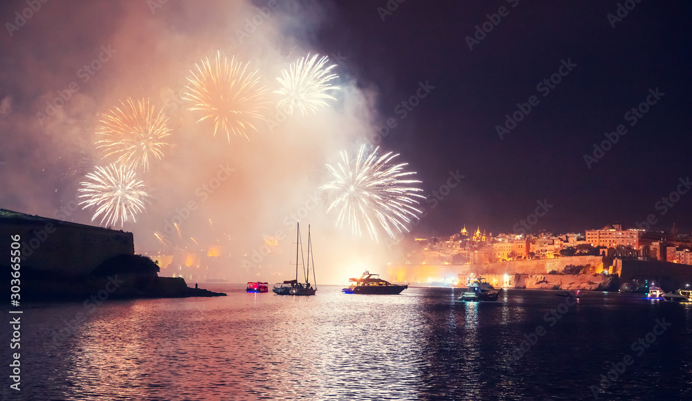 Malta Valletta night Festival of fireworks. Travel concept