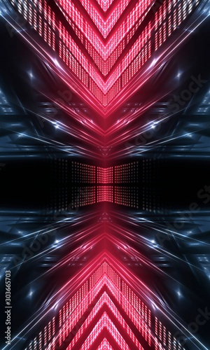 Neon light. Background of empty show scene. Empty dark modern abstract neon background. Glow of neon lights on an empty stage, diodes, rays and lines. Lights of the night city. © MiaStendal