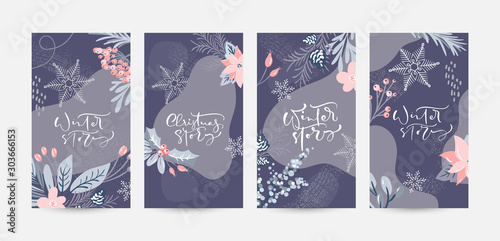 Set of Christmas design with calligraphic xmas text. Vector Social media story template with colorful floral elements. Modern flat illustration design for holidays