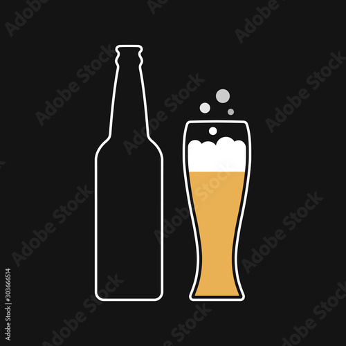 Mock up contour of a beer glass bottle and mug with foam content. Menu design. Dark background.