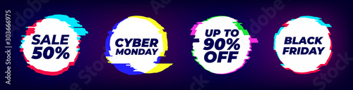 Glitch sale banner set, circle shapes with glitch effect. Big cyber sale colored abstract vector illustration mock up, black friday elements.