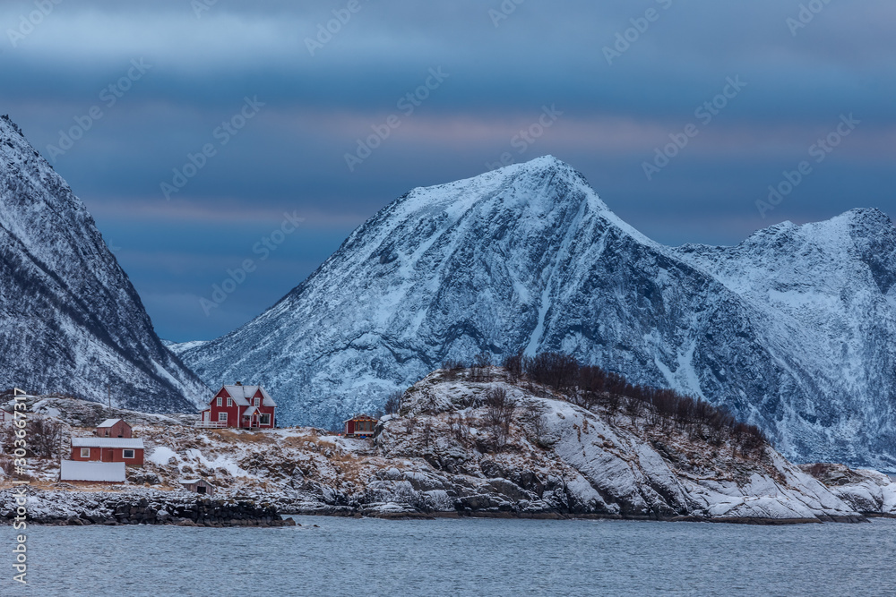 Blue Hour after sunset time in winter season, Hamn in Senja in Norway,
