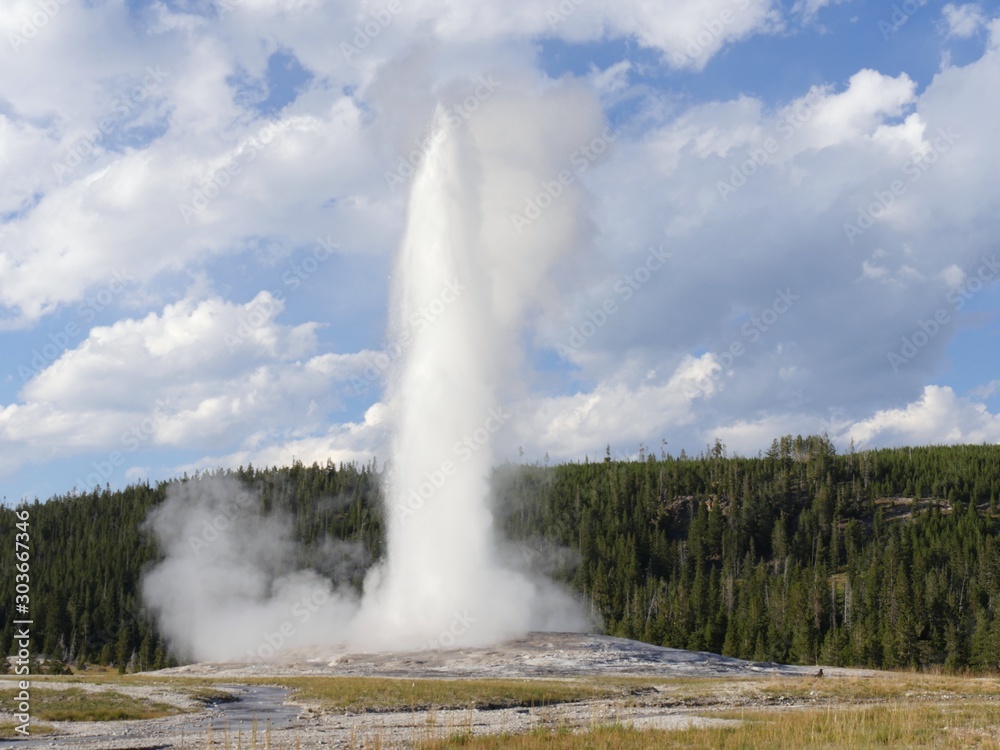 Φωτογραφία Amazing showoff of colums of scalding water and steam spewing out of the Old Faithful geyser during an early morning eruption at Yellowstone National Park, Wyoming