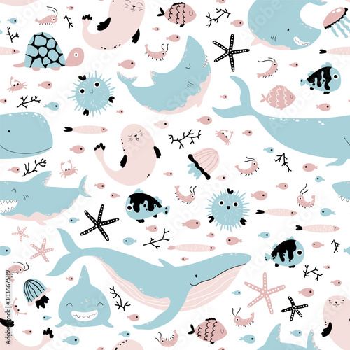 Sea animals and fish. Vector seamless pattern in simple cartoon hand-drawn style. Childish Scandinavian illustration is ideal for printing on textiles, fabrics, clothes, wrapping paper.