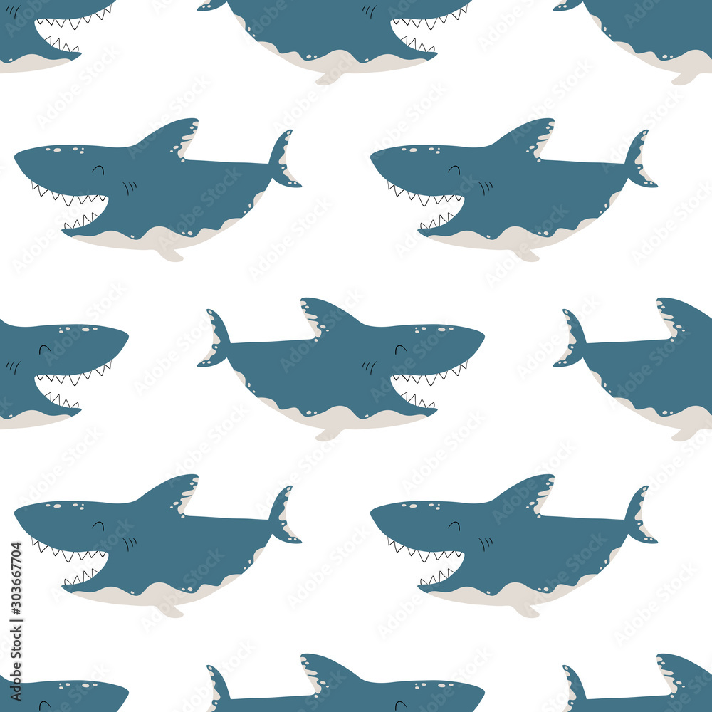 Fototapeta premium Shark vector seamless pattern. Funny fish with open mouth. Cute illustration in simple cartoon scandinavian style. Ideal for printing children's textiles.