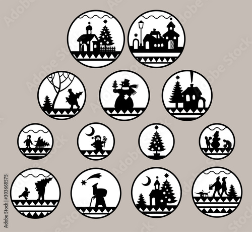 Christmas and New Year round icons set